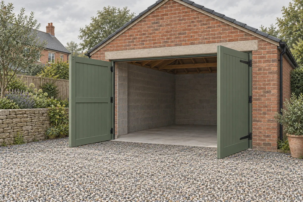 Concept illustration of a brick garage with two green side-hinged door leaves open onto an empty gravel drive.